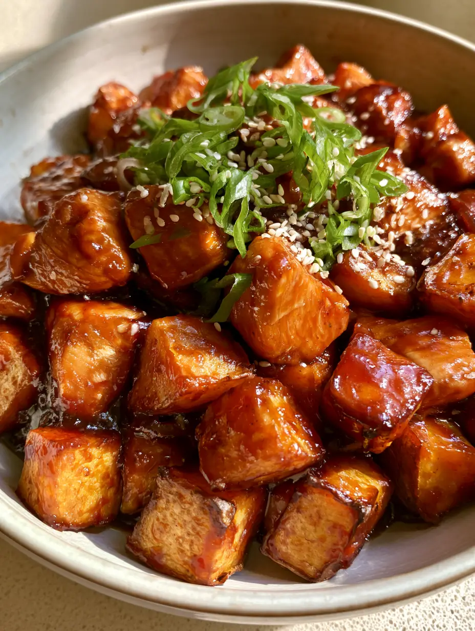 Close up of glossy reddish-brown BBQ sauce covering tender chicken and blistered potatoes. (Honey BBQ Chicken Potatoes)