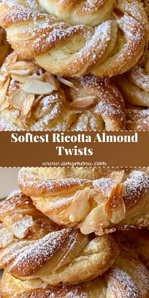 A stack of soft Ricotta Almond Biscuit Twists on a white plate, showing golden-brown spiral dough dusted with powdered sugar and topped with toasted almonds.