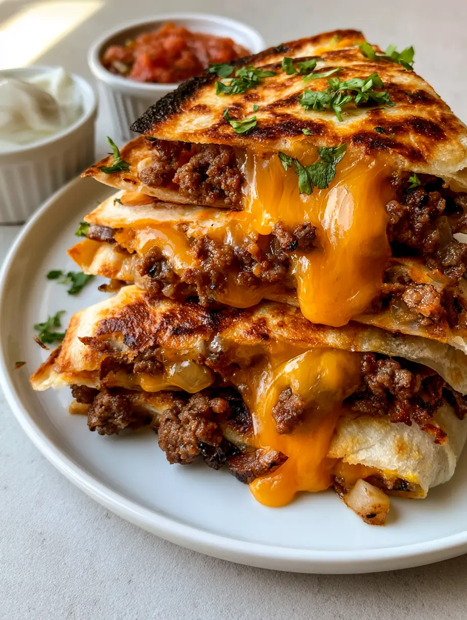 Close-up of pan-toasted Ground Beef Quesadillas with charred edges and melted cheese filling.