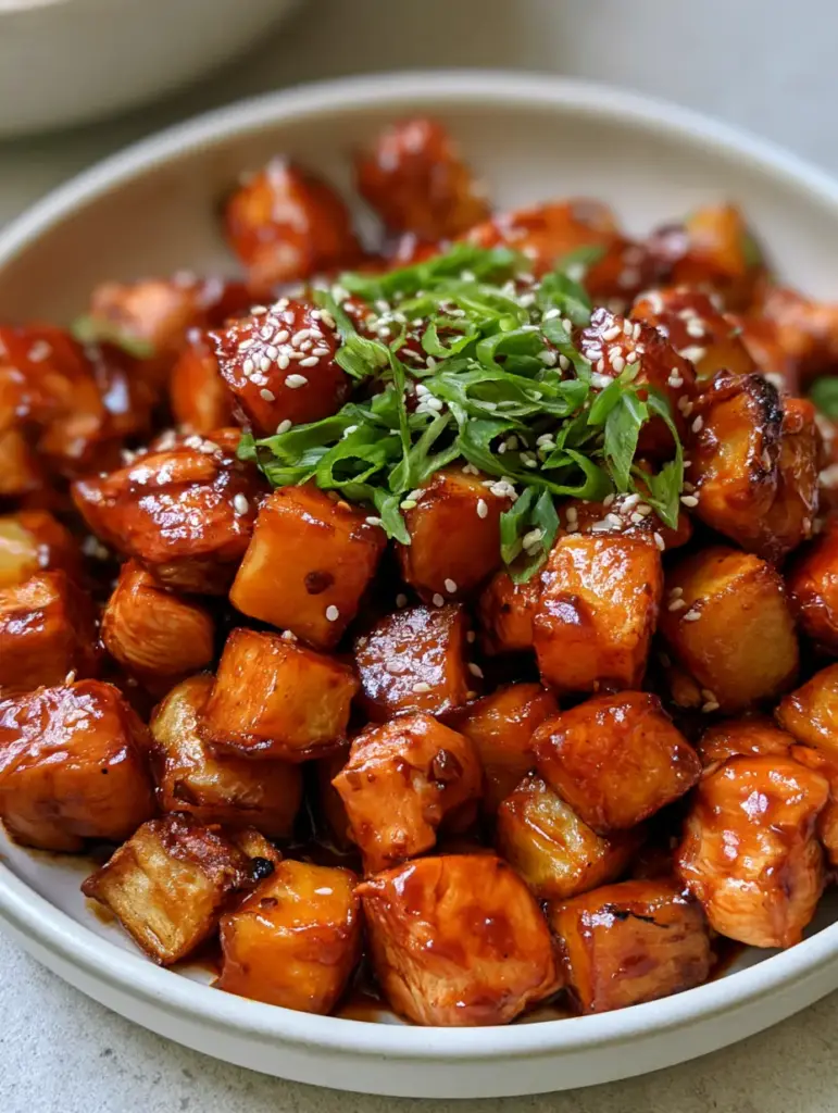 Top-down view of Honey BBQ Chicken Potatoes garnished with sesame seeds and green onions in a white bowl.