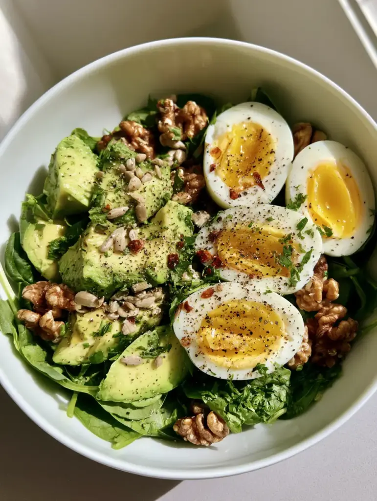 Close up of Avocado Egg Salad showing the creamy avocado chunks and bright yellow egg yolks.