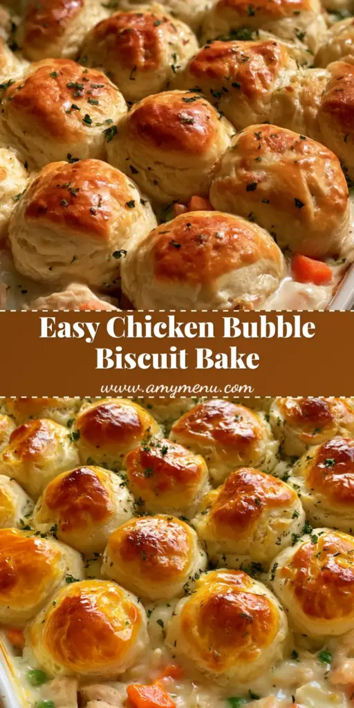 A overhead view of a Chicken Bubble Biscuit Bake in a white ceramic dish featuring golden puffed biscuit rounds and a creamy chicken base with peas and carrots.