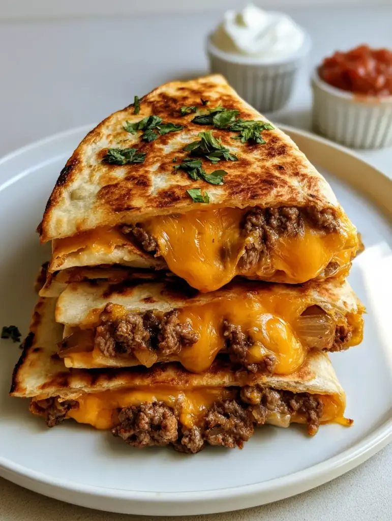 Ground Beef Quesadillas wedges stacked on a plate served with ramekins of sour cream and red salsa.