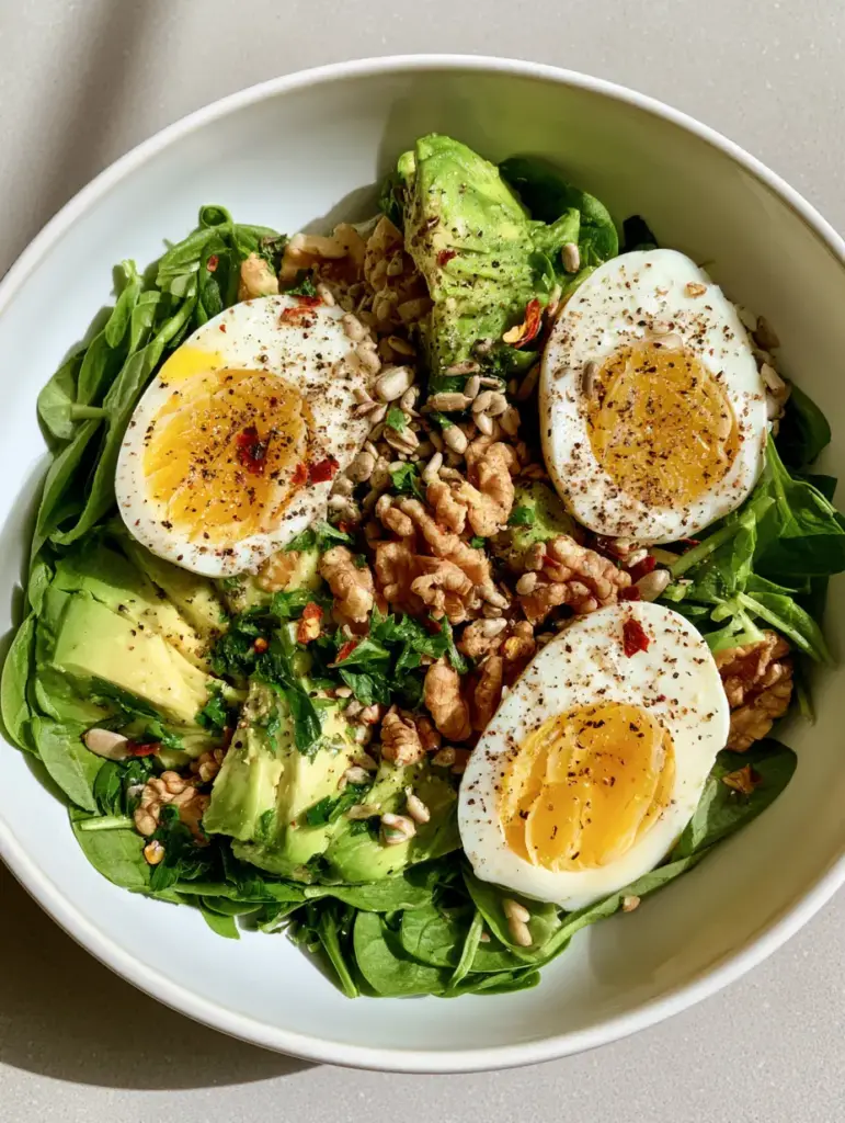 A handheld smartphone photo of a white ceramic bowl containing Avocado Egg Salad on a light gray surface.
