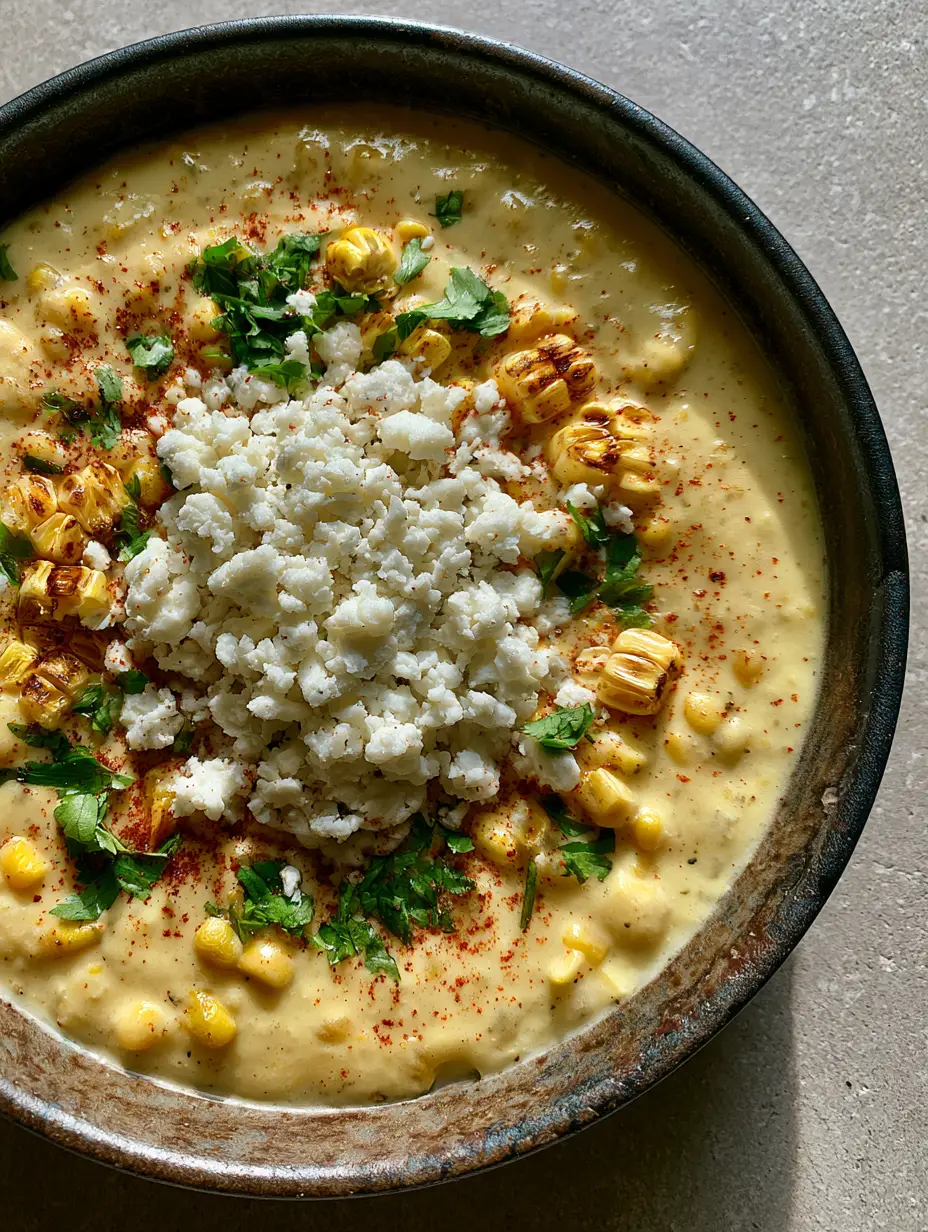 Top-down view of creamy Mexican Street Corn Soup with a thick velvety base, charred corn kernels, and crumbled cotija cheese in a rustic bowl.