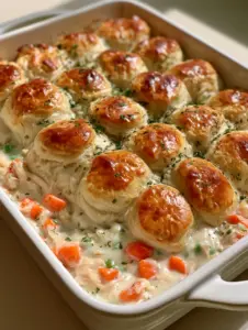 A smartphone photo of a white rectangular ceramic casserole dish filled with Chicken Bubble Biscuit Bake showing glossy buttery biscuit rounds and dried parsley.