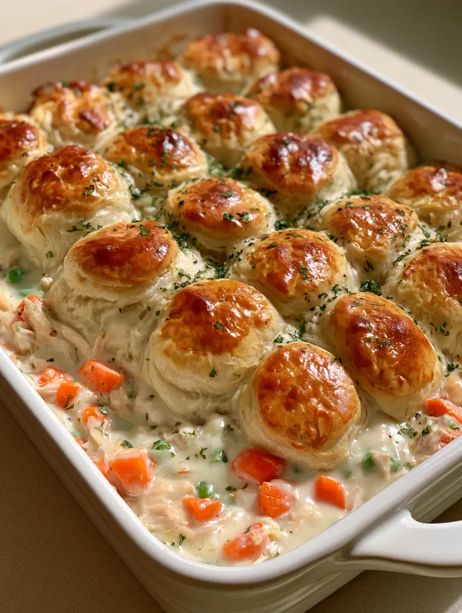A smartphone photo of a white rectangular ceramic casserole dish filled with Chicken Bubble Biscuit Bake showing glossy buttery biscuit rounds and dried parsley.