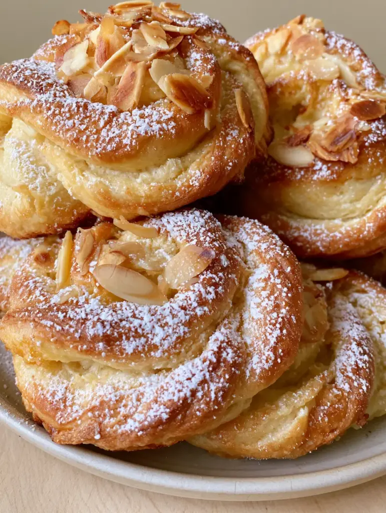 Spiral shaped biscuit dough with toasted blanched almonds and a fine powdered sugar dusting on a neutral background.