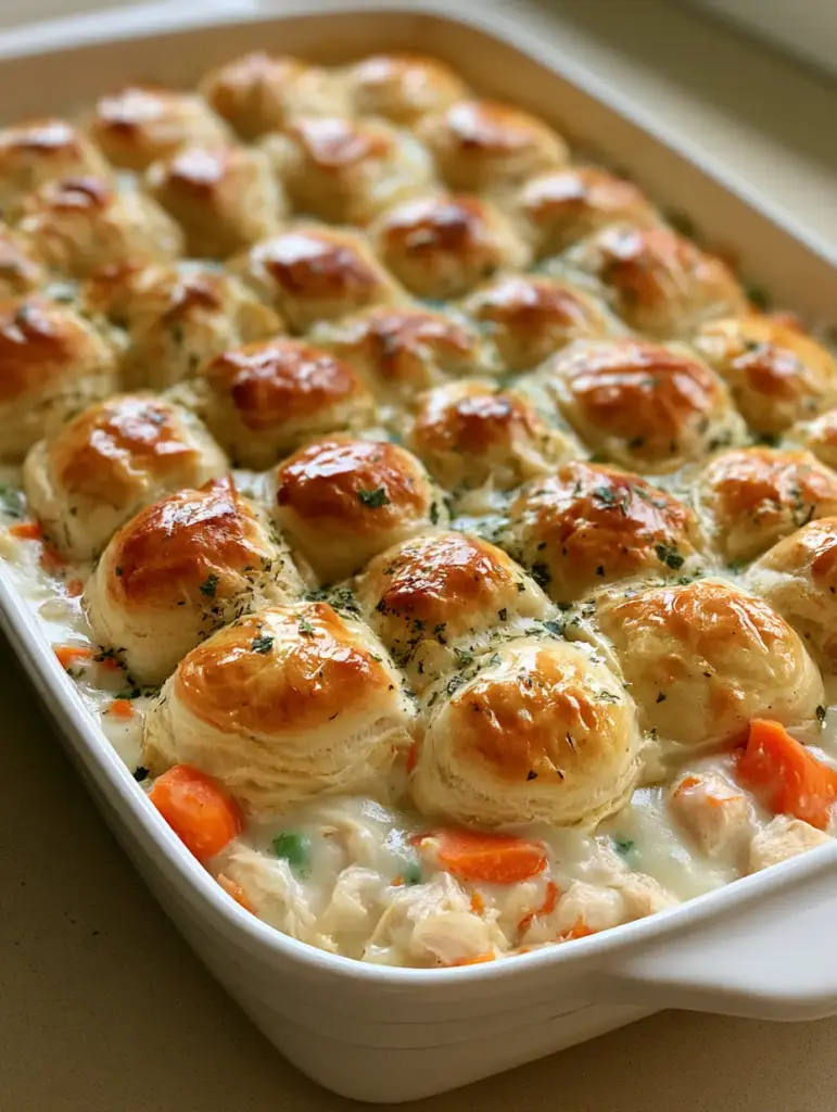 Close up of the Chicken Bubble Biscuit Bake highlighting the toasted biscuit tops and the creamy sauce with orange carrots and green peas.