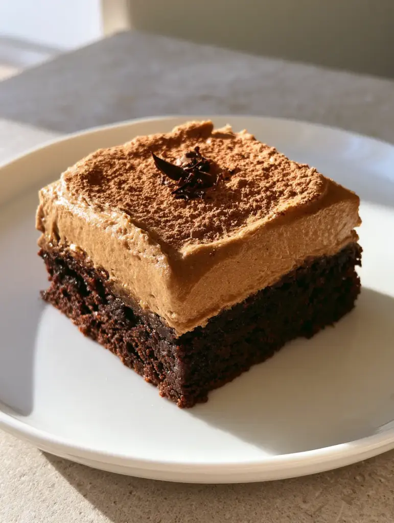 A minimalist view of a Coffee Brownie with matte mocha frosting and dark chocolate shavings.