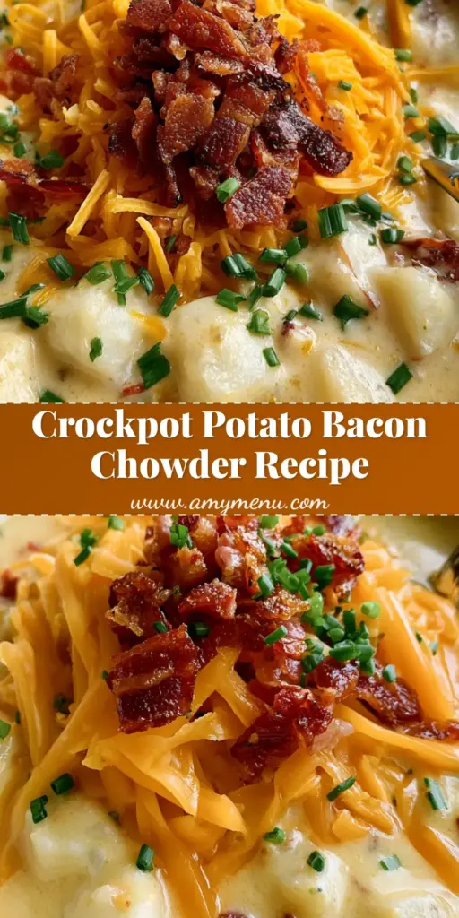 A handheld smartphone photo of a white ceramic bowl filled with chunky Slow Cooker Potato Bacon Chowder topped with cheddar, bacon, and chives.