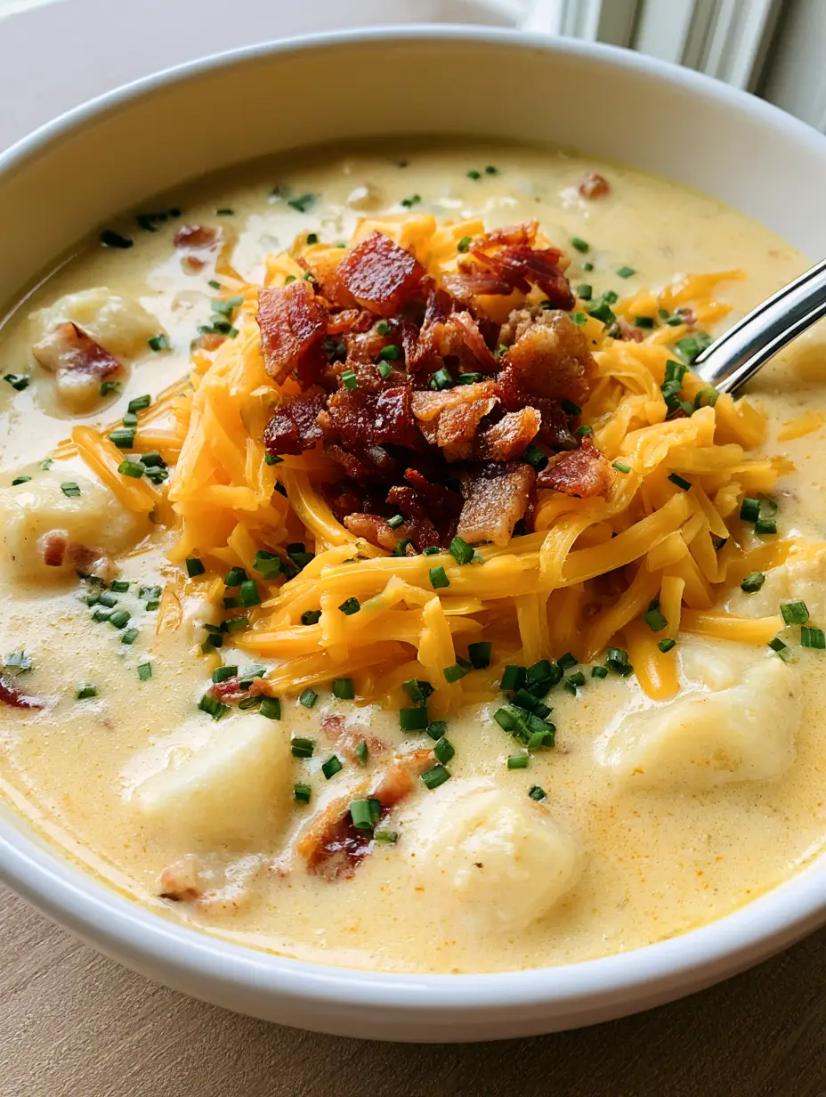 Close up of a thick creamy potato broth with cubed potatoes and crispy fried bacon bits in a white bowl. (Slow Cooker Potato Bacon Chowder)