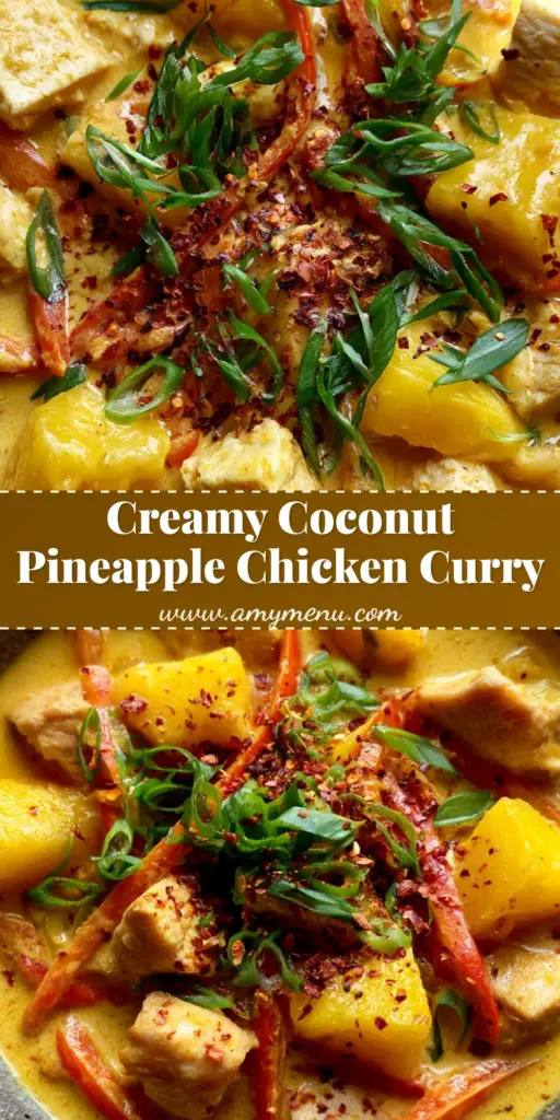 A close-up shot of Coconut Pineapple Chicken Curry in a dark gray ceramic bowl with red pepper strips and green scallions.