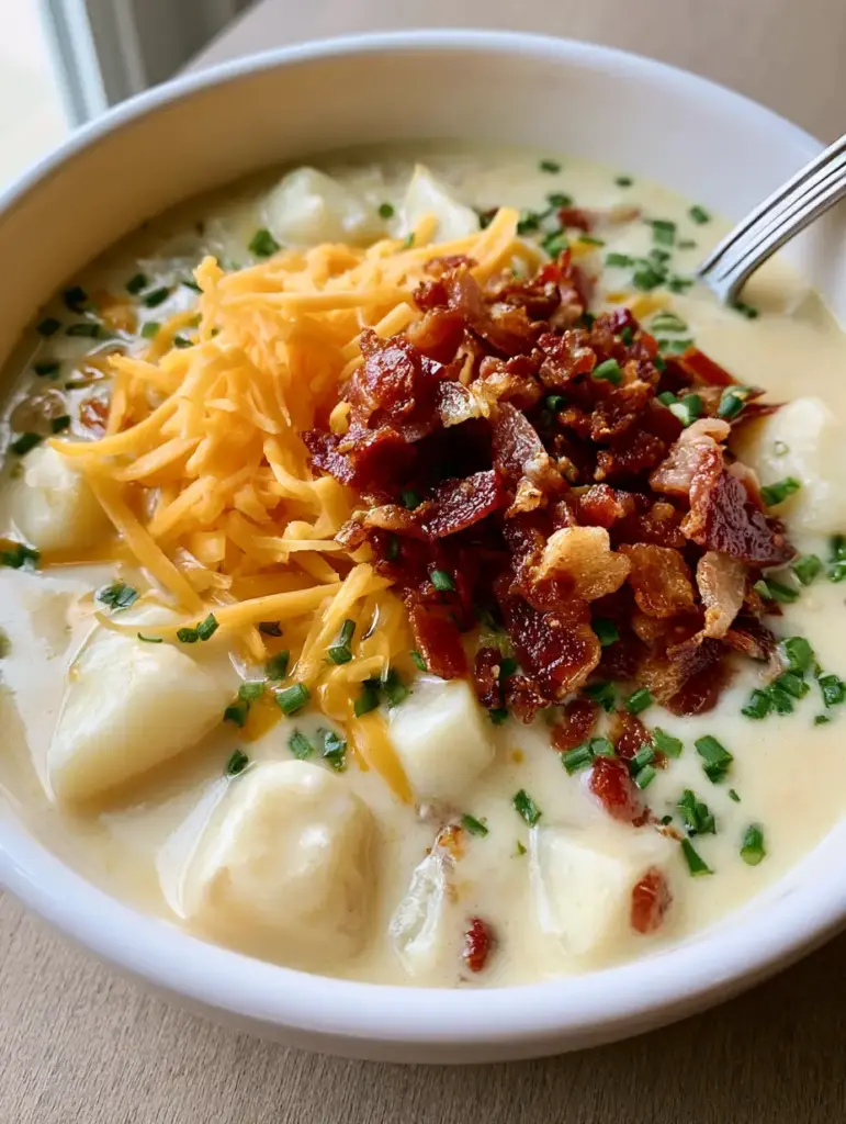 Top view of Slow Cooker Potato Bacon Chowder with a silver spoon and generous shredded sharp cheddar cheese.