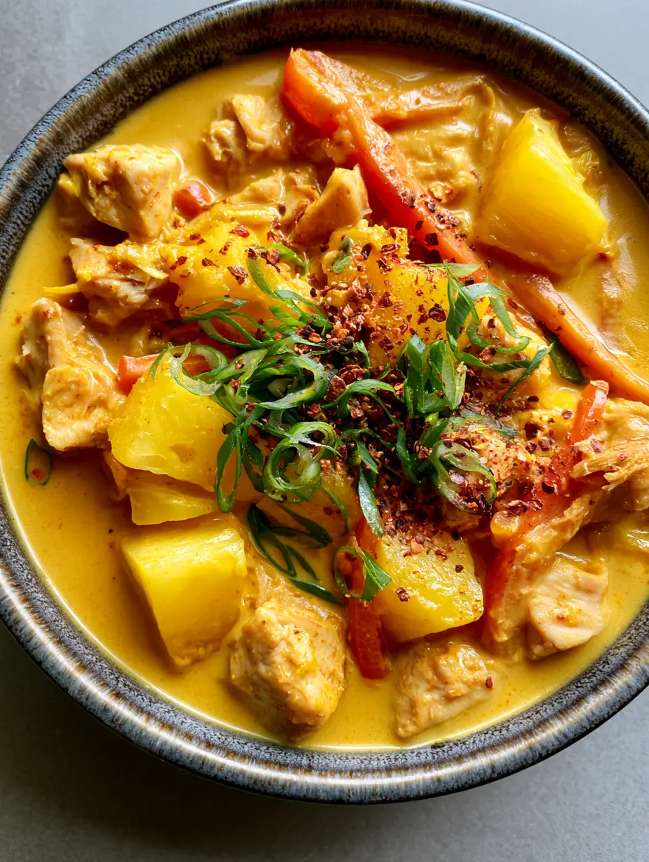 Top-down shot of golden Coconut Pineapple Chicken Curry with tender chicken and bright red peppers.