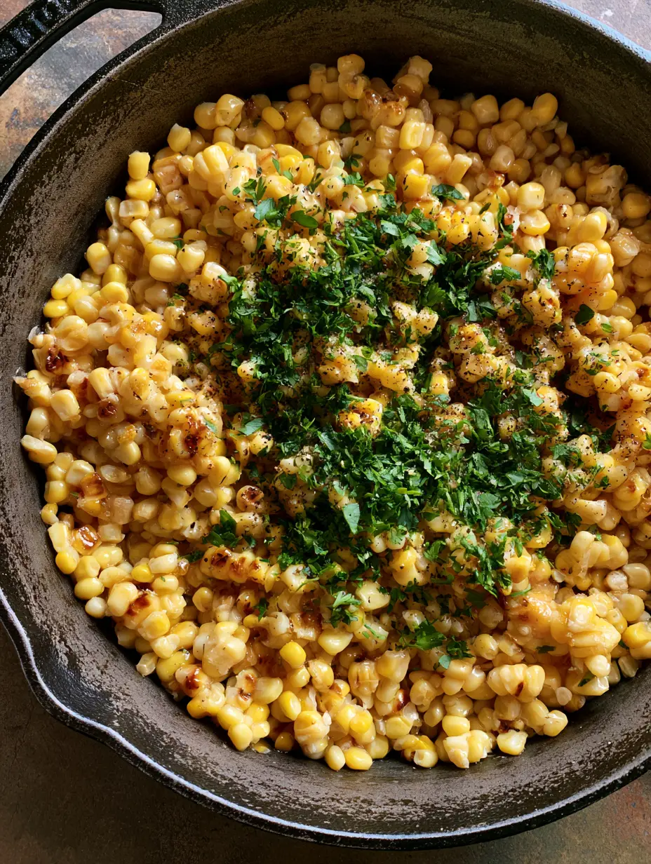 Top-down view of plump yellow Honey Butter Skillet Corn kernels with light golden-brown caramelized char in a black skillet.
