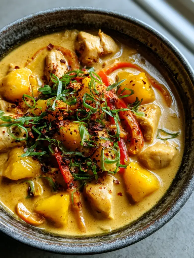 Close-up of juicy pineapple chunks and red bell pepper in a coconut curry sauce.