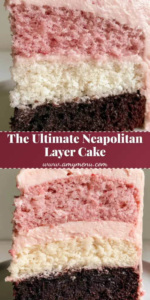 A tall, beautiful slice of Neapolitan Cake showing chocolate, vanilla, and strawberry layers with pink frosting and dark chocolate curls. (Neapolitan Cake Recipe)