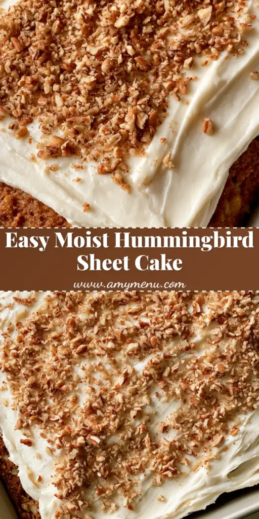Hummingbird Sheet Cake Recipe with Cream Cheese Frosting 4 A top-down angled shot of a 9x13 Hummingbird Sheet Cake in a metal pan with thick cream cheese frosting and toasted pecans.