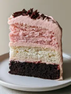 Close-up of the moist chocolate sponge base and fluffy vanilla middle layer of the Neapolitan Cake Recipe.