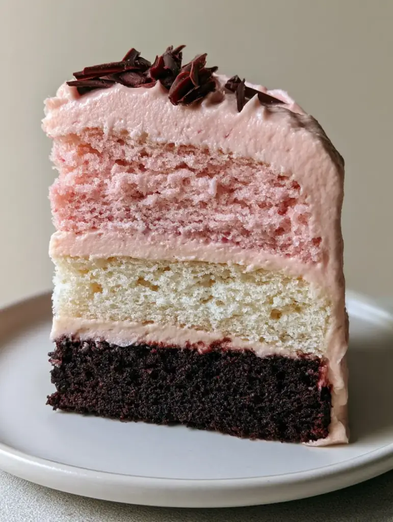 Close-up of the moist chocolate sponge base and fluffy vanilla middle layer of the Neapolitan Cake Recipe.