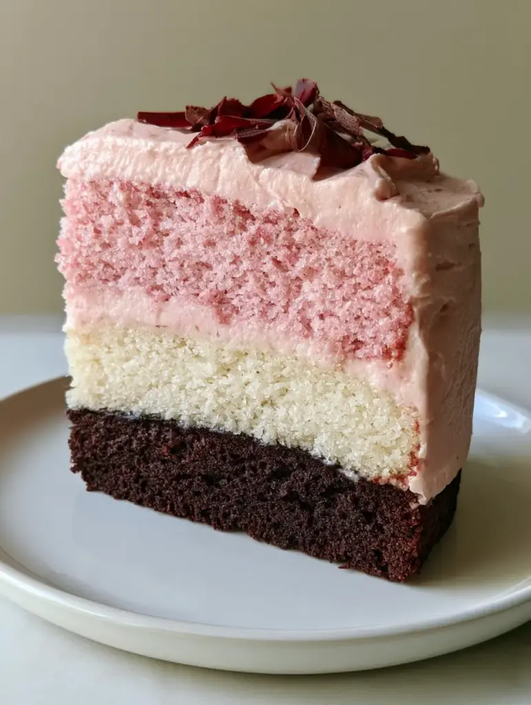 Top-down view of a slice of Neapolitan Cake on a white plate with dark chocolate curls and smooth pink buttercream.