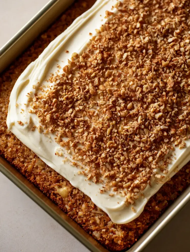Hummingbird Sheet Cake Recipe with Cream Cheese Frosting 1 Close up of thick white cream cheese frosting with spatula swirls on a Hummingbird Sheet Cake.