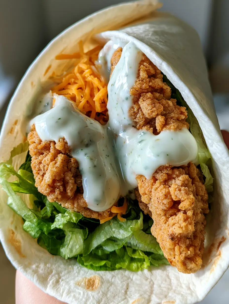 Close up of a Crispy Chicken Ranch Snack Wrap showing the craggy texture of the breaded chicken and drizzled herb ranch.