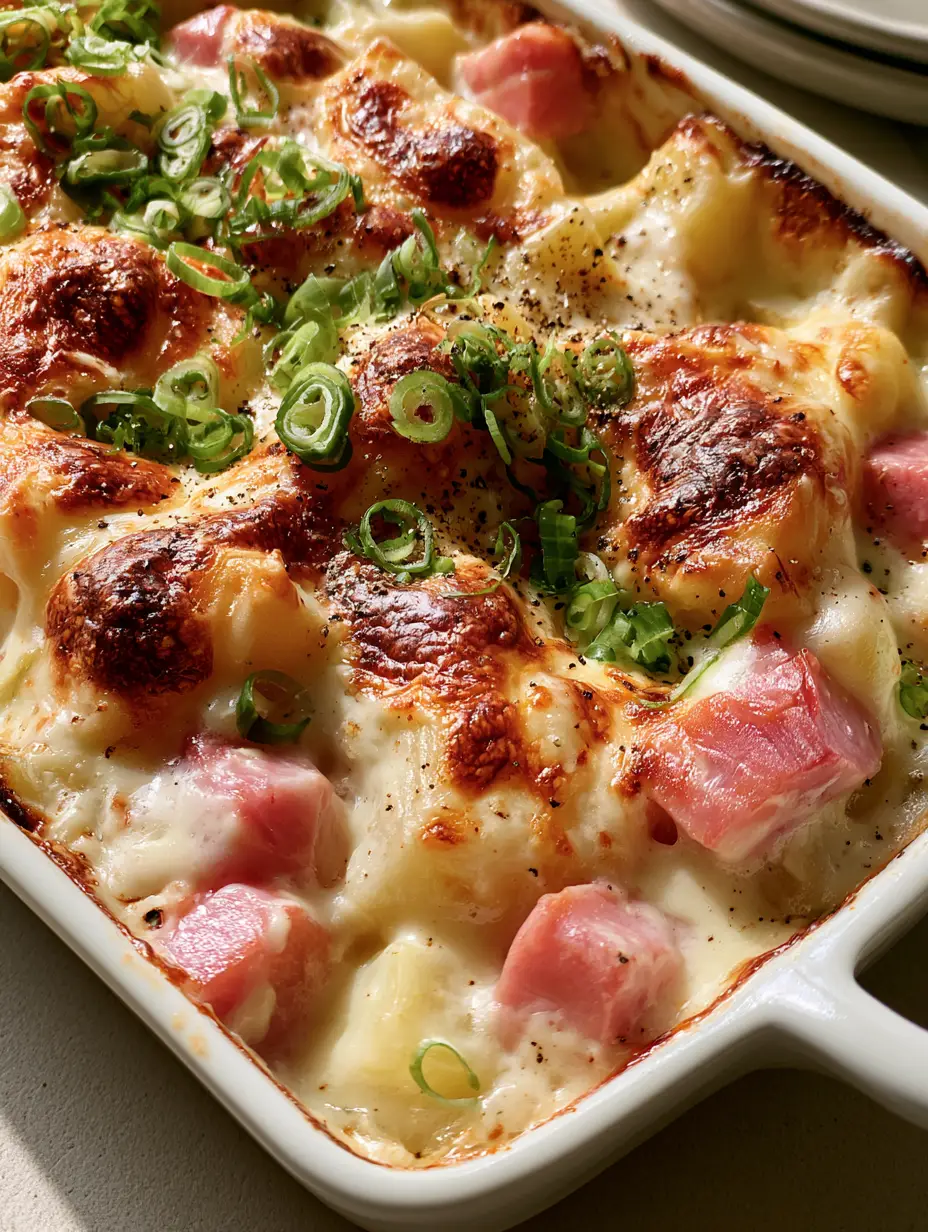 Detailed view of melted cheese with charred spots on a Ham and Potato Casserole.