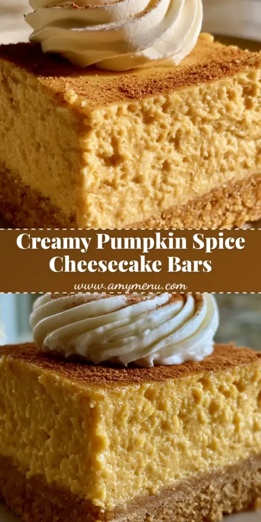 A handheld smartphone photo of a square pumpkin spice cheesecake bar with a thick graham cracker crust, pale-orange filling, and whipped cream peaks. (Pumpkin Spice Cheesecake Bars)