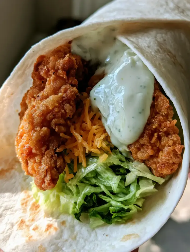 A handheld shot of a Crispy Chicken Ranch Snack Wrap with vibrant green lettuce and shredded orange cheese in a pale white tortilla.