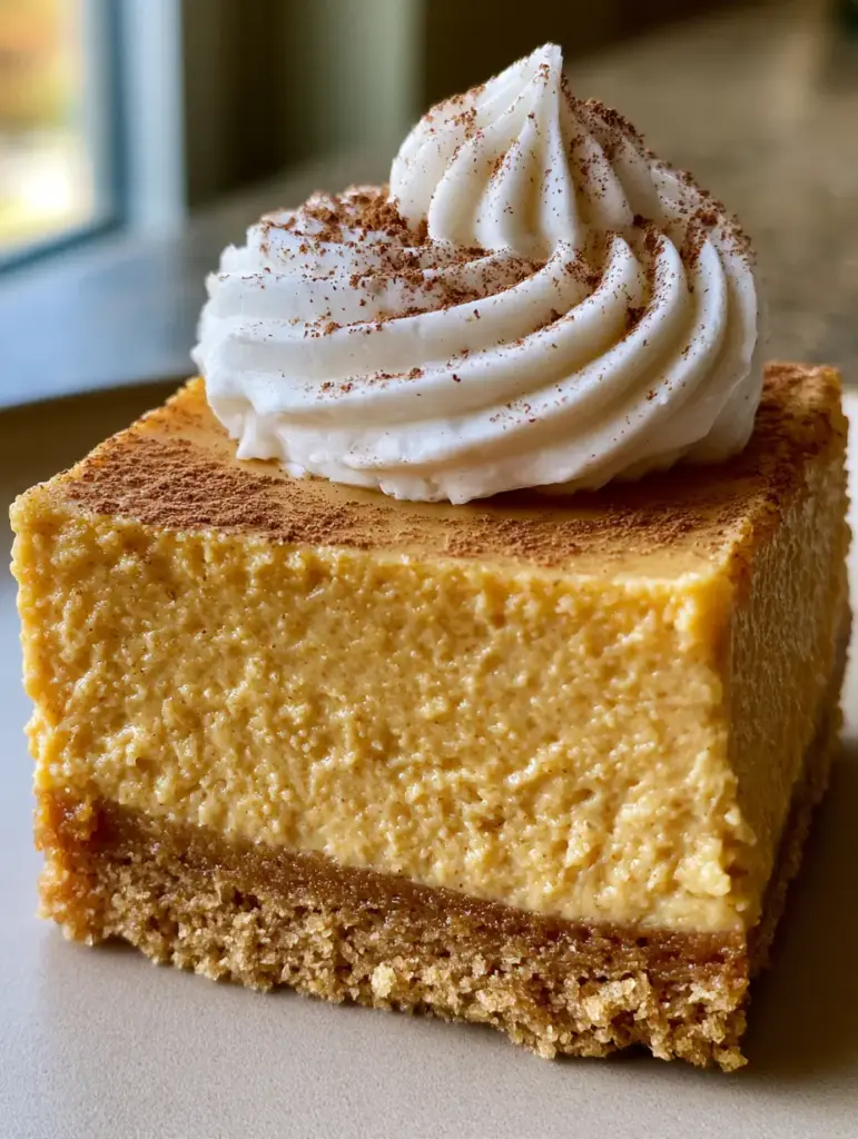 Close up of a Pumpkin Spice Cheesecake Bar showing the dense, smooth pale-orange filling and compacted crust. (Pumpkin Spice Cheesecake Bars)