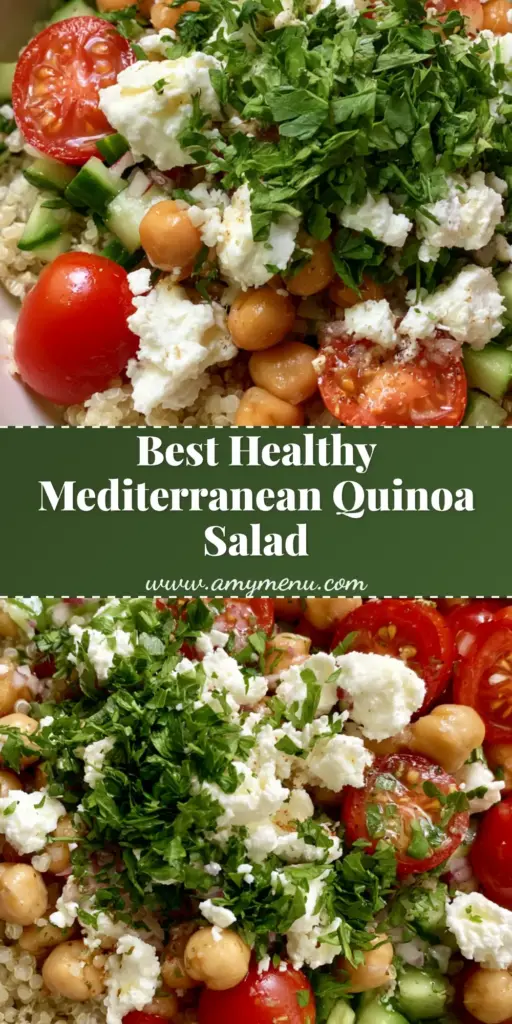 Mediterranean Quinoa Salad: The Ultimate Fresh & Healthy Meal Prep 3 A top-down view of a Mediterranean Quinoa Salad in a white bowl with chickpeas, cherry tomatoes, and feta on a light gray background.
