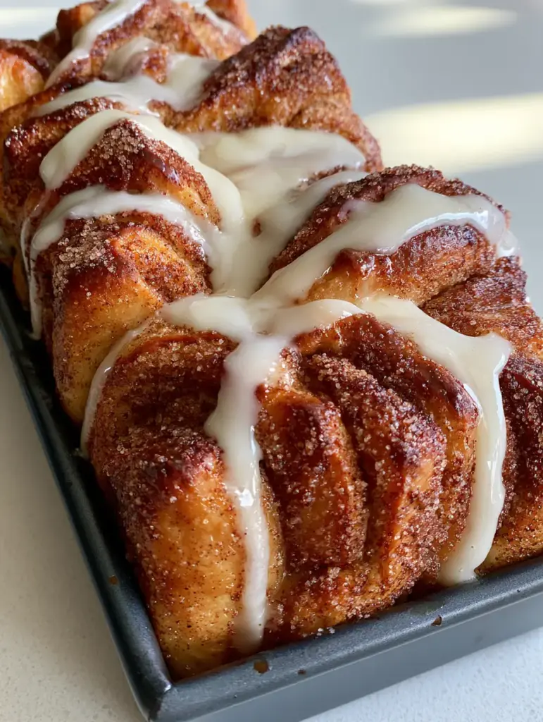 Dollywood Cinnamon Bread: The Ultimate Grist Mill Copycat Recipe 1 Overhead view of Dollywood Cinnamon Bread with thick white icing dripping down the sides of the loaf pan.