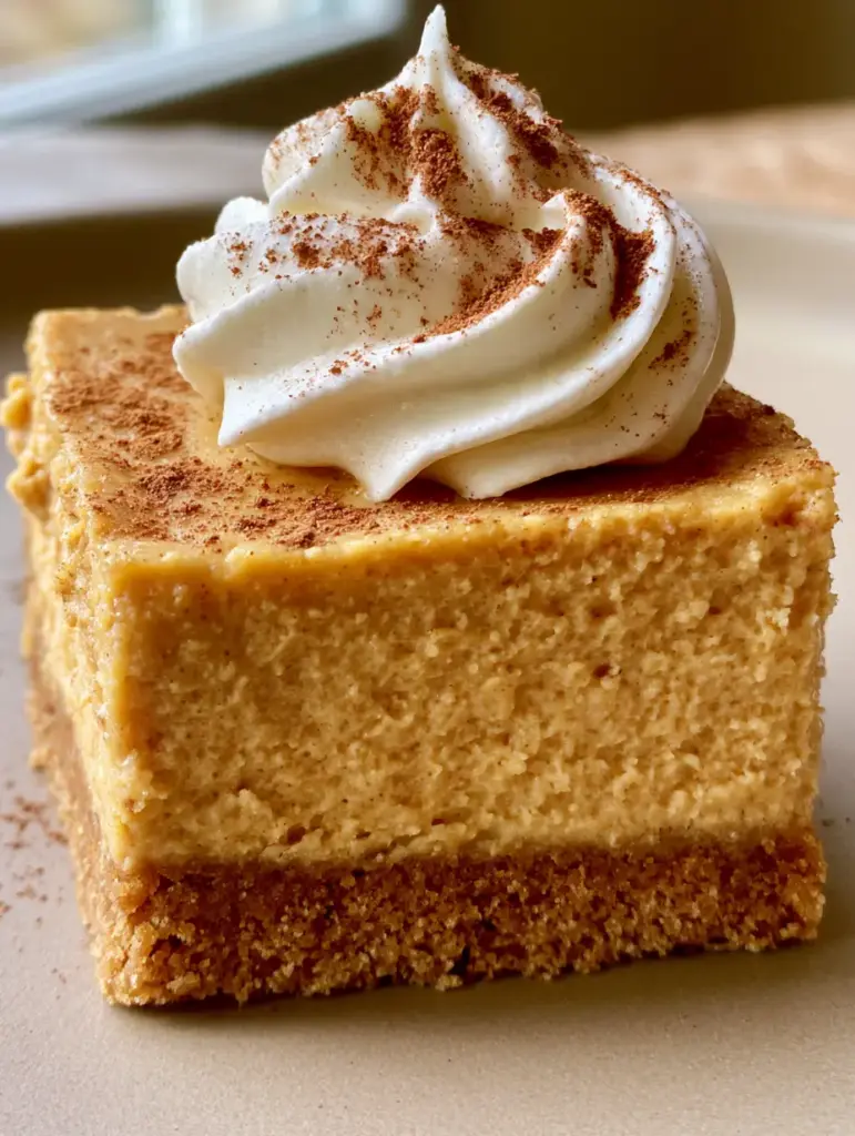 Top view of Pumpkin Spice Cheesecake Bars garnished with a swirl of stiff whipped cream and cinnamon powder.