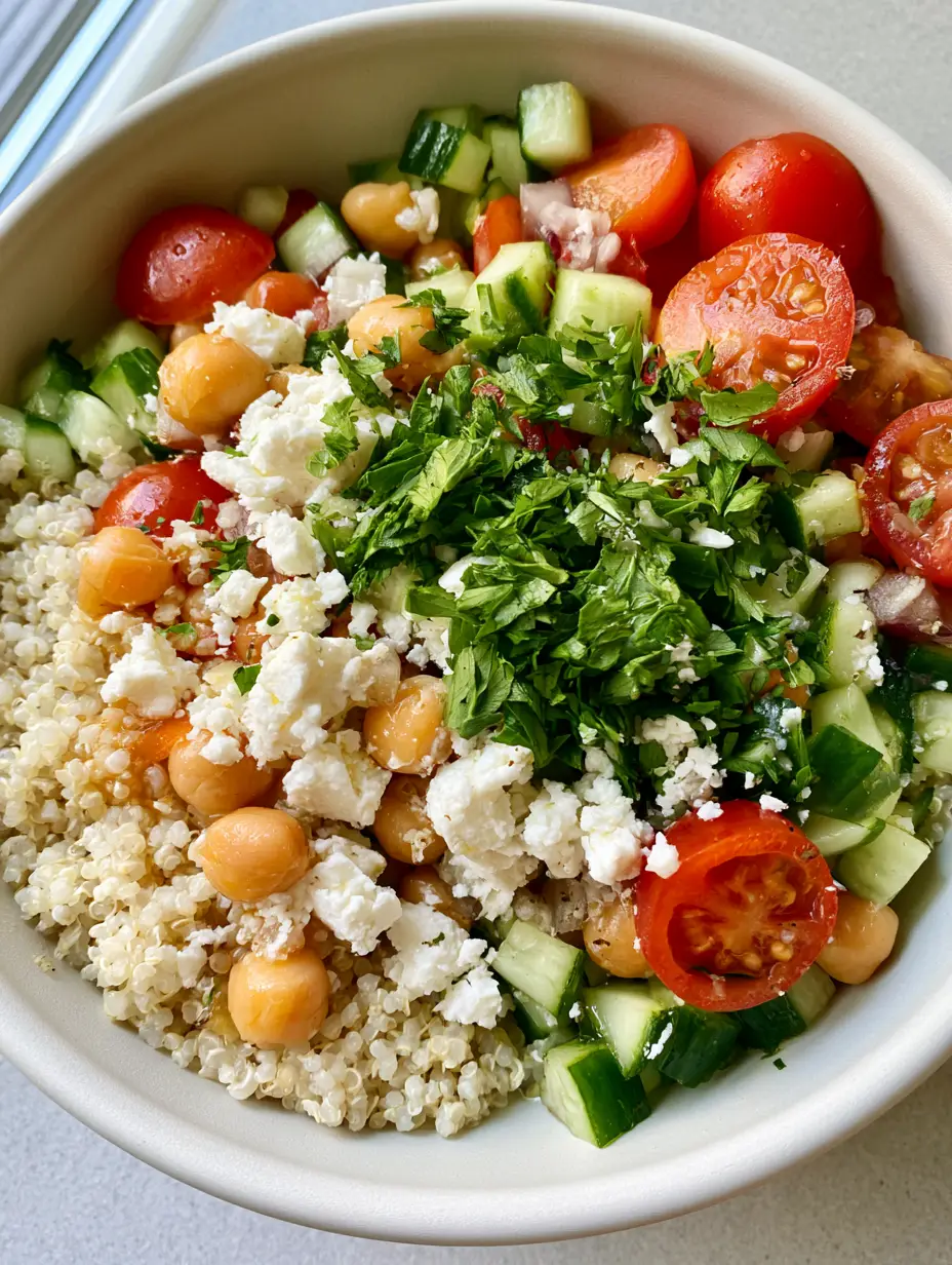 Mediterranean Quinoa Salad: The Ultimate Fresh & Healthy Meal Prep 4 Close up of Mediterranean Quinoa Salad showing fluffy quinoa, diced cucumbers, and halved cherry tomatoes with a lemon dressing. (Mediterranean Quinoa Salad)