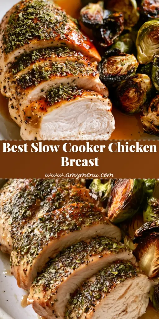 Sliced Slow Cooker Chicken Breast with a heavy green herb crust and glistening honey glaze, served with charred Brussels sprouts in a shallow white bowl.