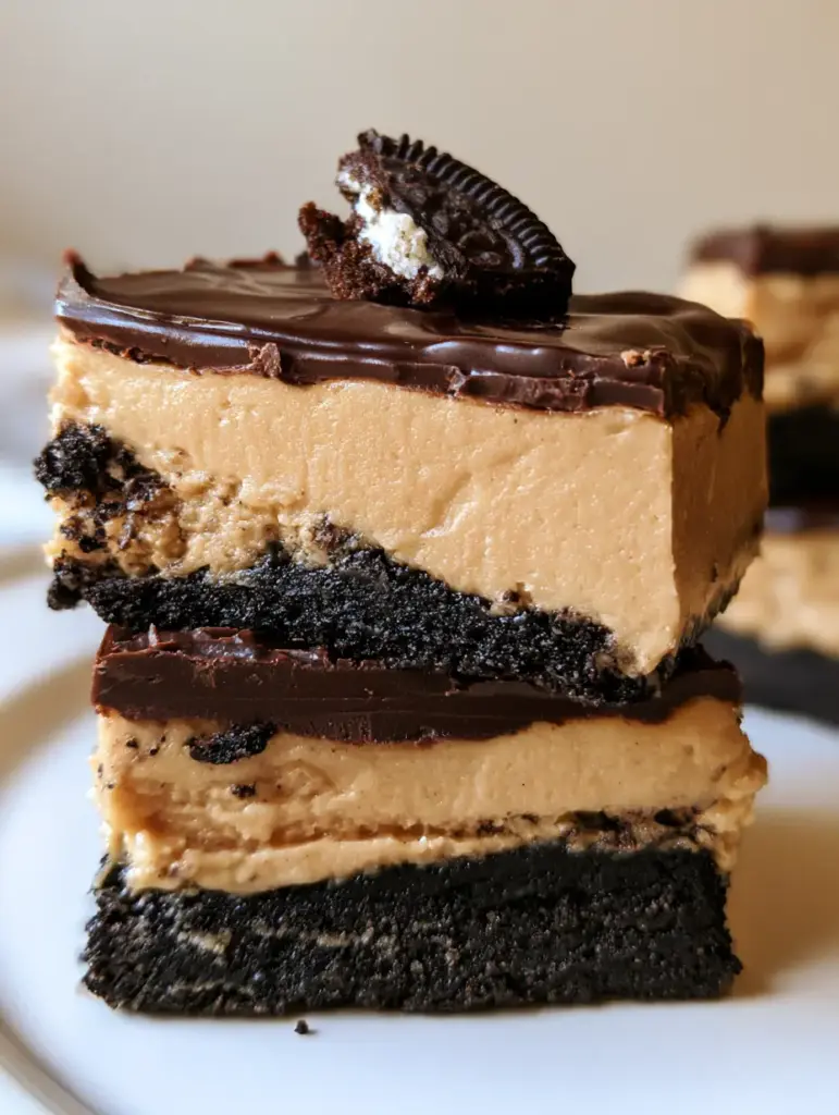 Smartphone style photo of Oreo Peanut Butter Bars with soft natural lighting and a matte peanut butter texture.