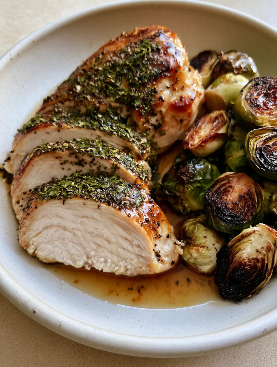 Close up of juicy sliced Slow Cooker Chicken Breast showing the tender white meat interior and heavy dried herb coating.