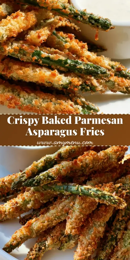 A tall stack of golden Crispy Parmesan Asparagus Fries on a white plate with a side of creamy white sauce.