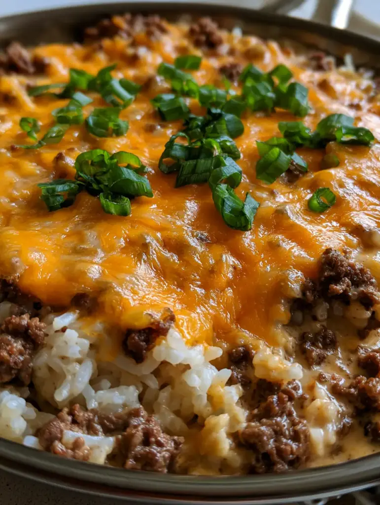 High angle shot of a skillet filled with Hamburger Rice Casserole topped with golden brown cheese spots.