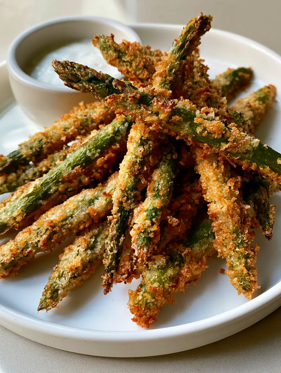 Close-up of Crispy Parmesan Asparagus Fries showing the thick panko and parmesan crust texture.