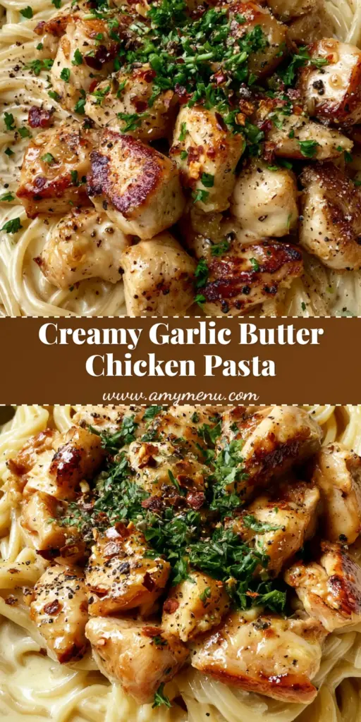 A top-down view of Garlic Butter Chicken Pasta in a white ceramic bowl featuring glossy spaghetti and golden-brown seared chicken bites garnished with parsley.