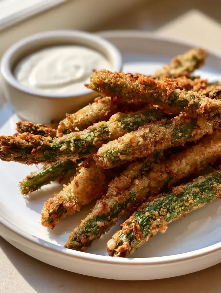 A handheld shot of Crispy Parmesan Asparagus Fries piled on a white ceramic plate.