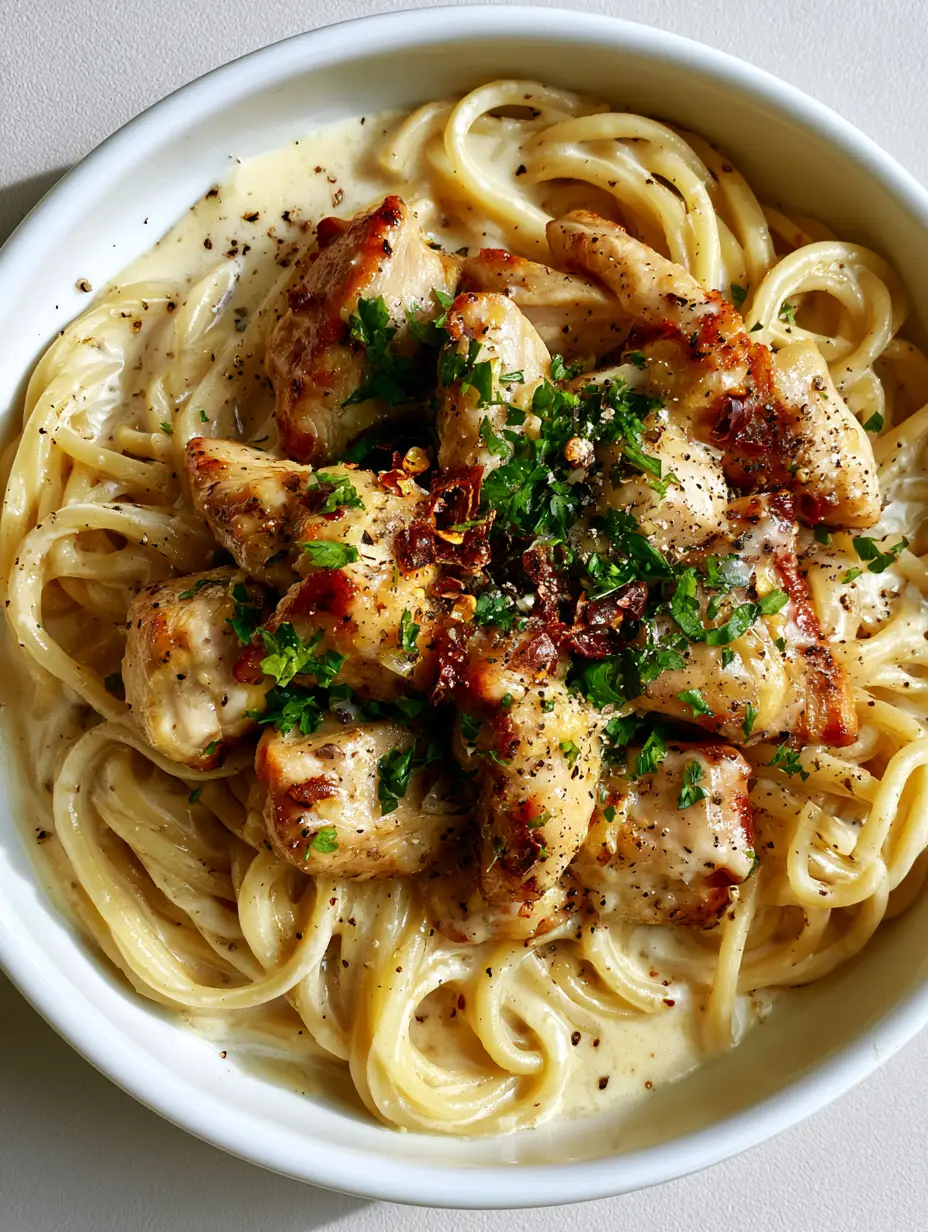 Close up shot of creamy parmesan sauce coating spaghetti noodles for Garlic Butter Chicken Pasta.